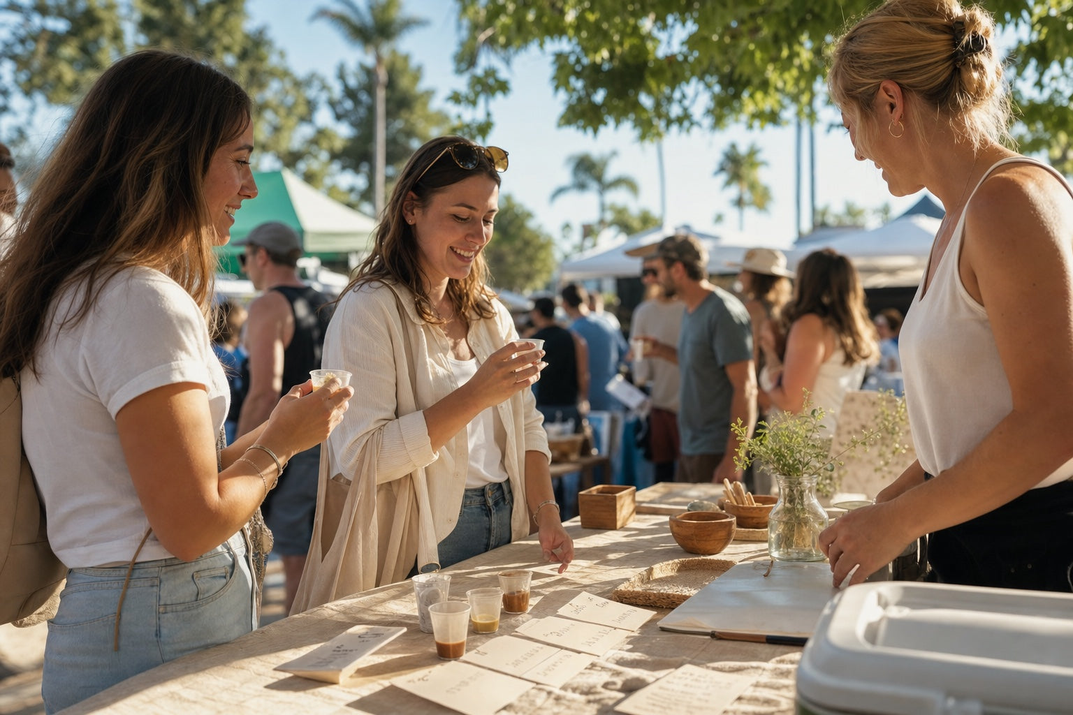 Farmers market sampling table with people trying smoothie samples
