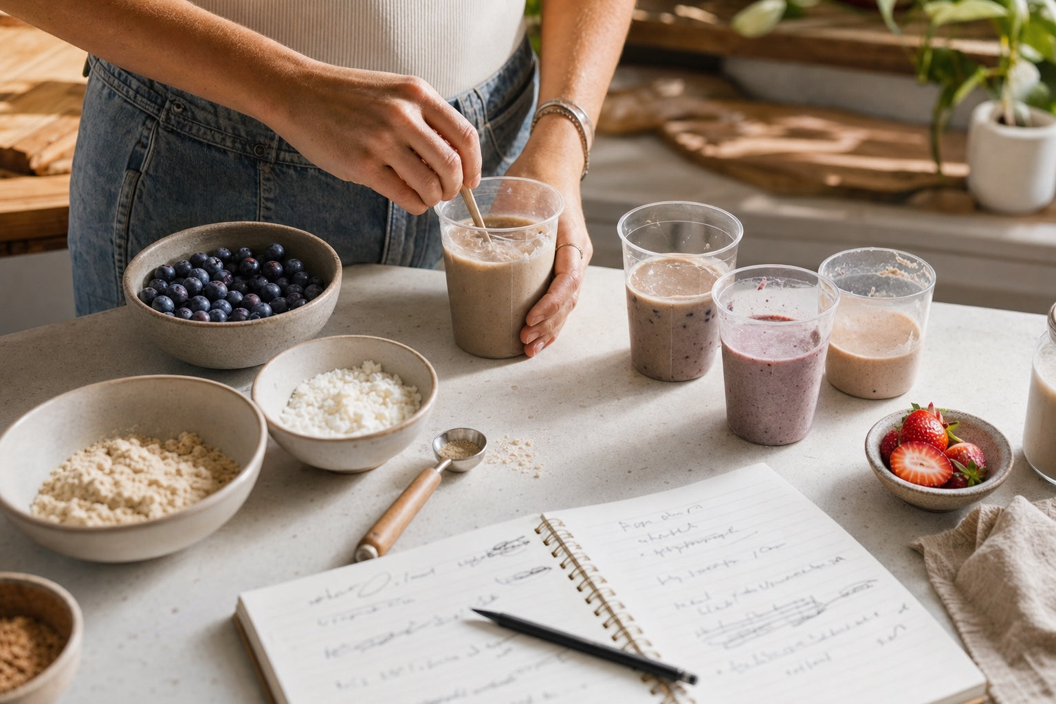 Dairy-free smoothie recipe testing with ingredient bowls and sample cups