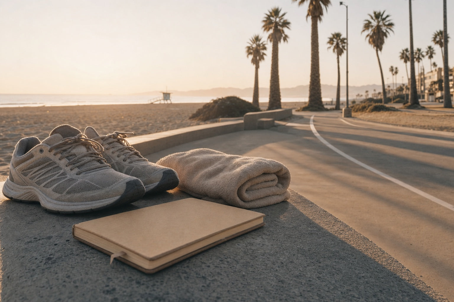 Running shoes, towel, and notebook on a quiet Venice Beach morning path