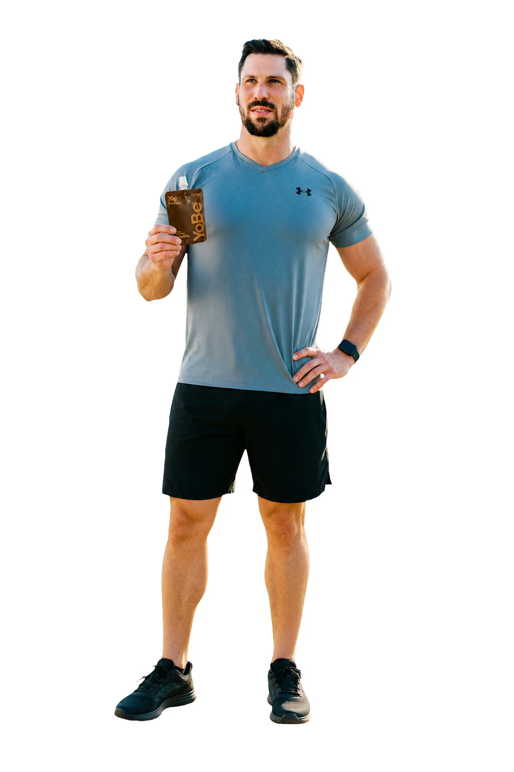 Real YoBe photoshoot model cutout for Daniel Reyes holding a current Chocolate Energy YoBe pouch