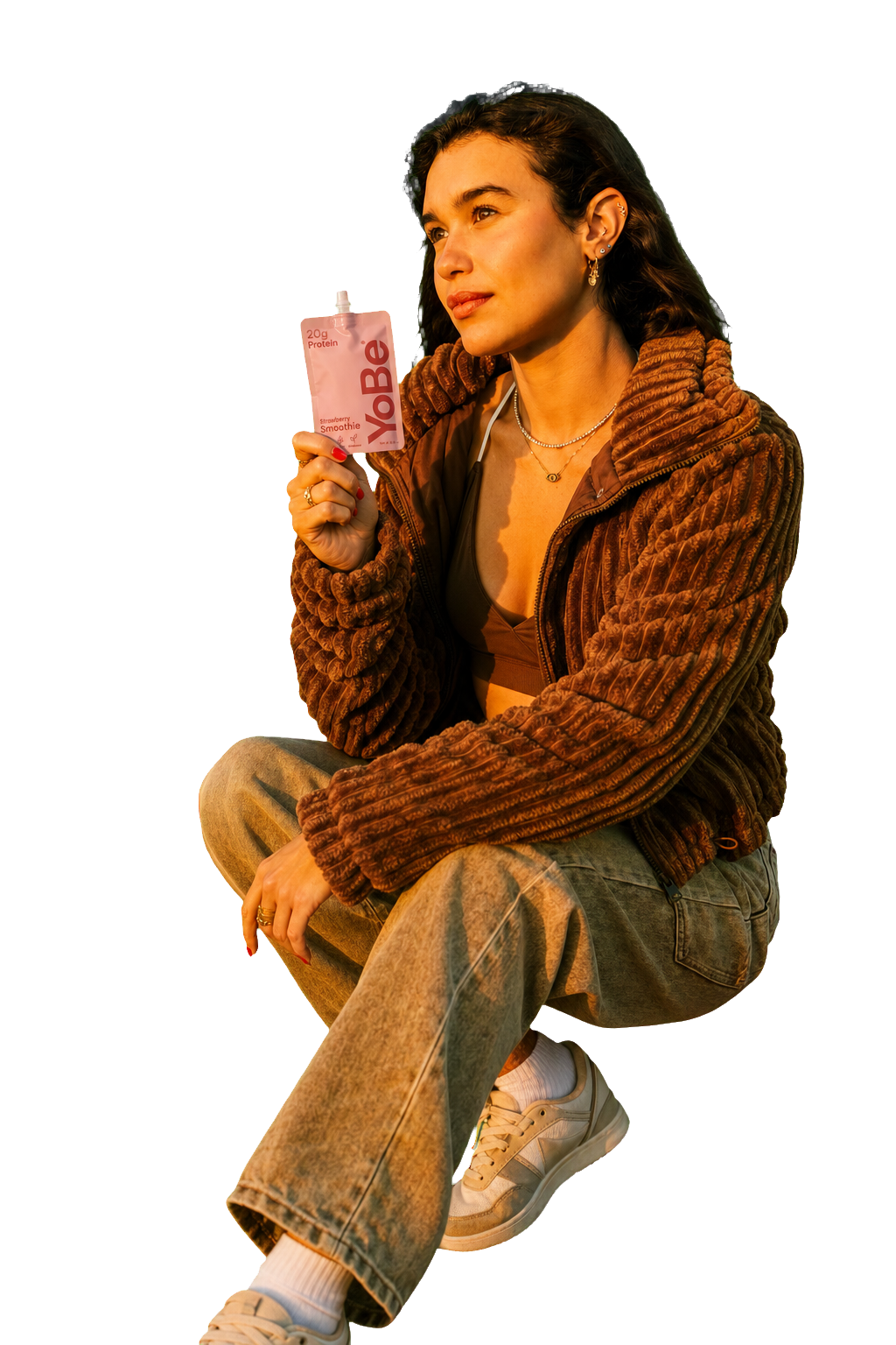 Real YoBe photoshoot model cutout for Lena Brooks holding a current Strawberry YoBe pouch