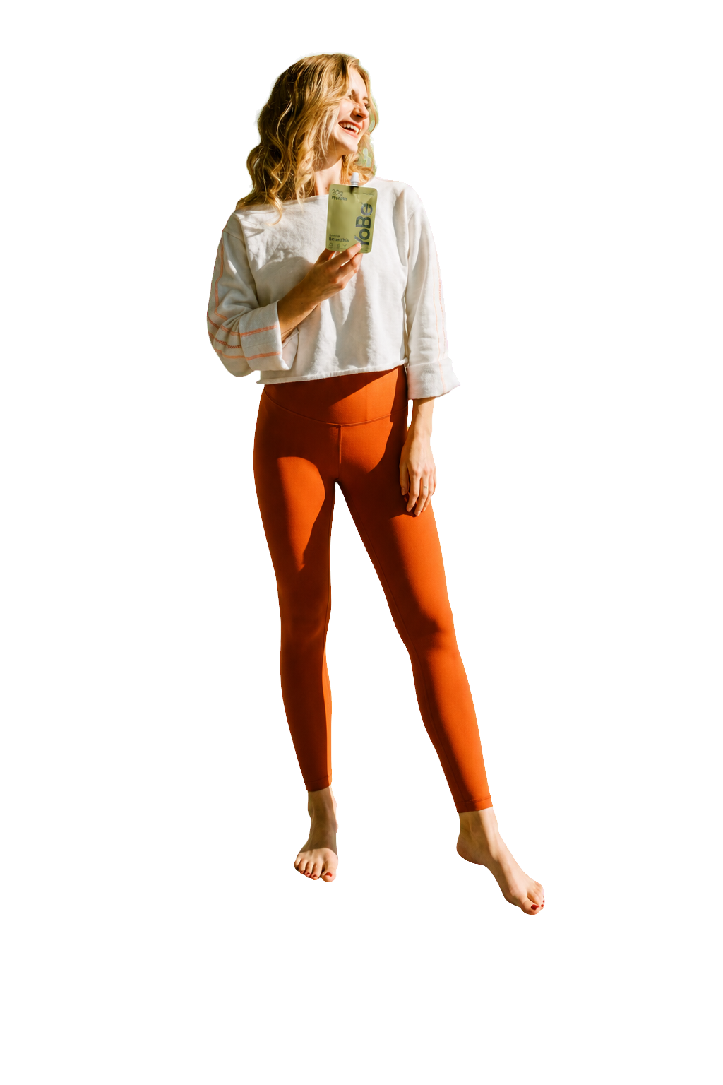 Real YoBe photoshoot model cutout for Maya Chen holding a current Matcha YoBe pouch