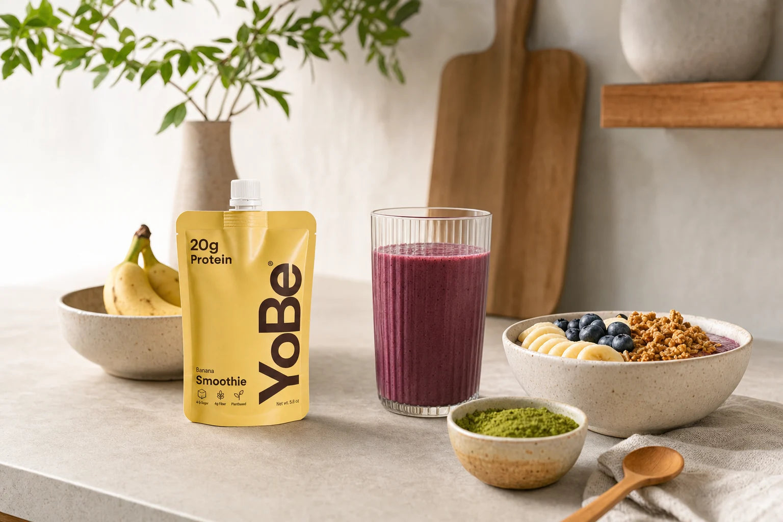 YoBe ingredients and smoothie components on a warm kitchen counter