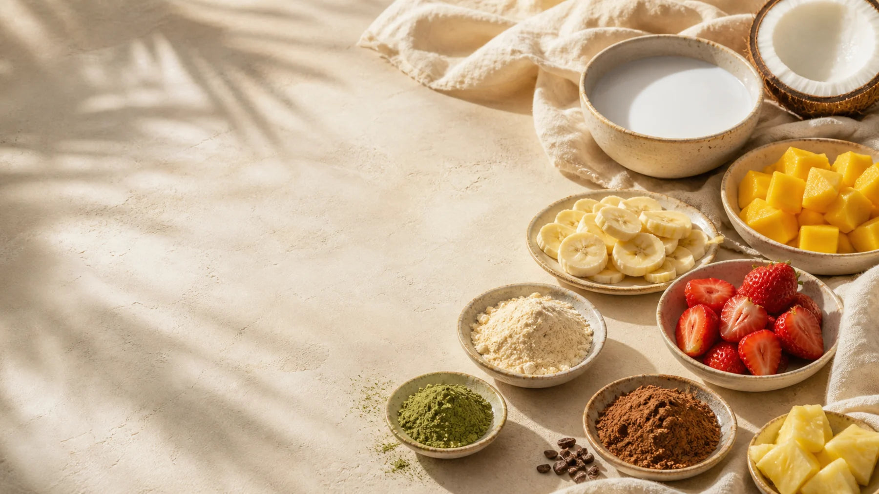 YoBe ingredients including coconut milk, banana, mango, strawberry, pineapple, matcha, cacao, and protein powder in warm kitchen light