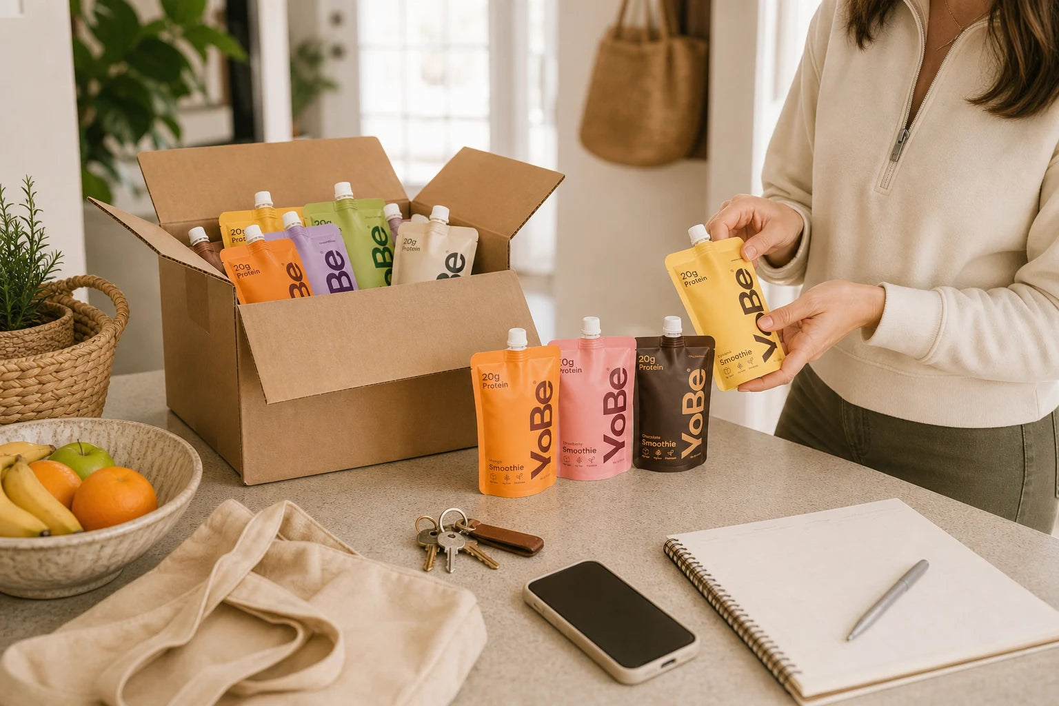 YoBe pouches being unpacked at home