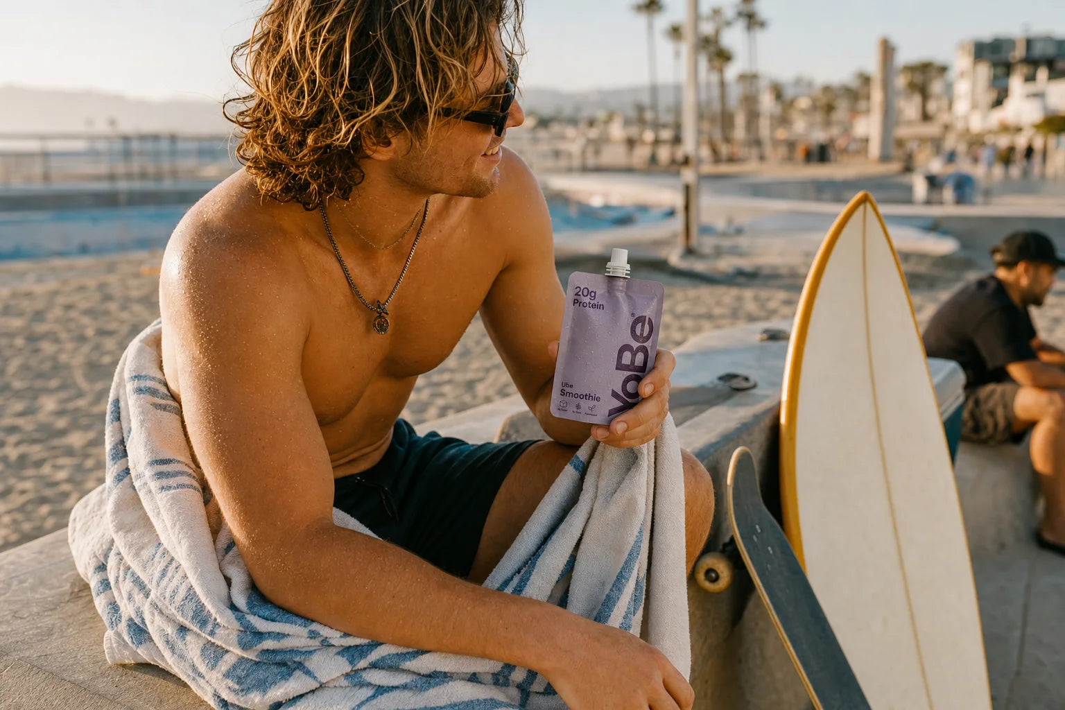 Runner or surfer cooling down with YoBe after movement