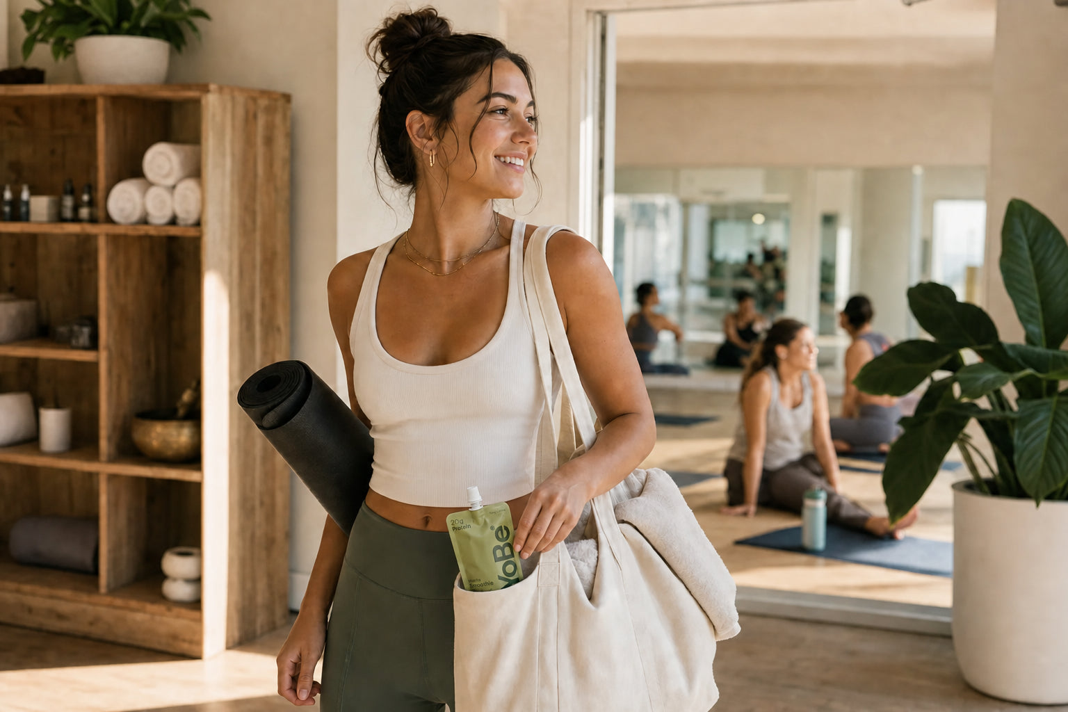 Person leaving a yoga studio or gym with YoBe